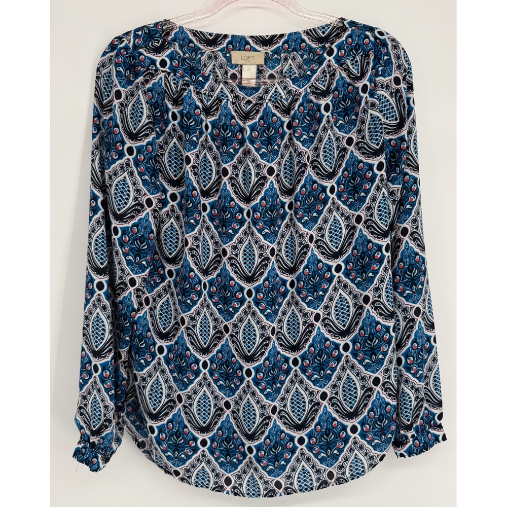 Loft Outlet Womens XS Blue White Geometric Tile Print Split‎ Neck Blouse Top